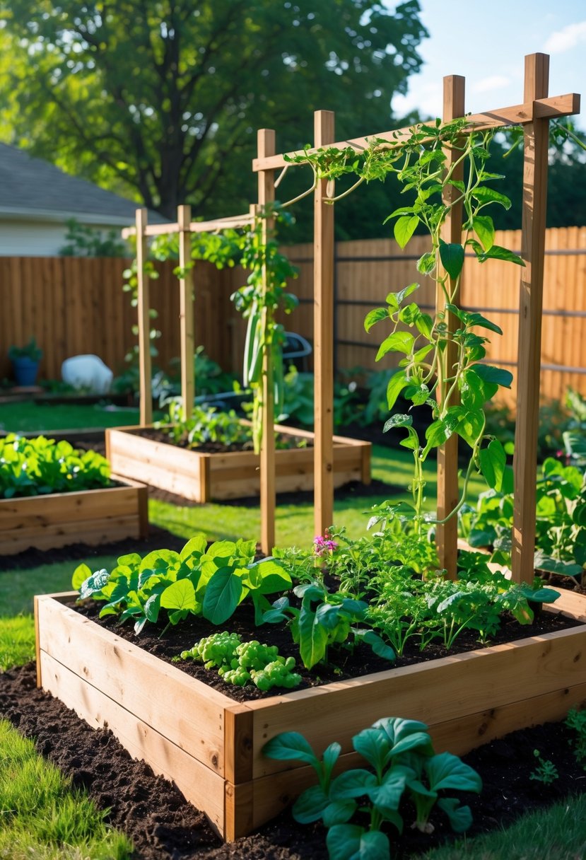 A backyard with multiple wooden raised garden beds containing green plants and flowers, some supported by wooden trellises with climbing vines.