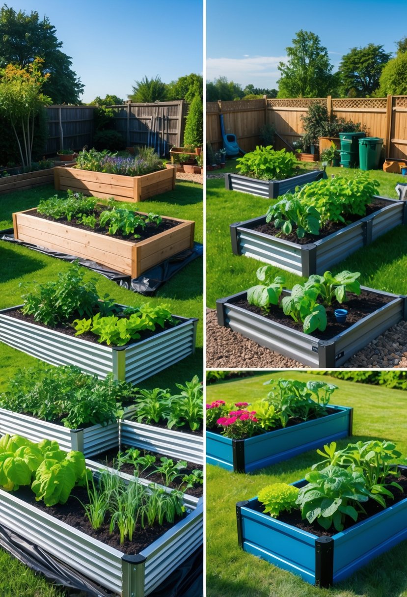 A backyard with 13 different self-watering raised garden beds filled with various plants and flowers under a clear sky.