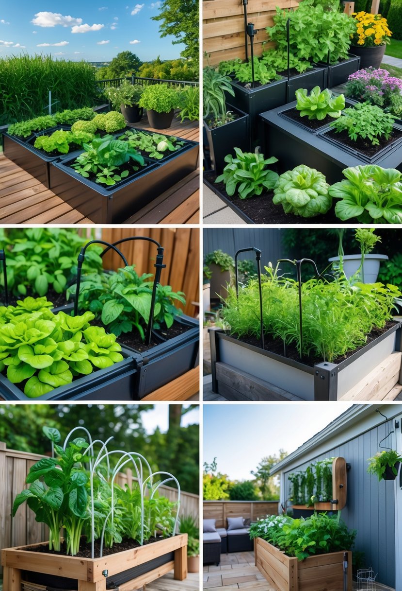 A collection of 13 vibrant above ground garden beds and containers with drip irrigation systems watering various plants outdoors on a sunny day.
