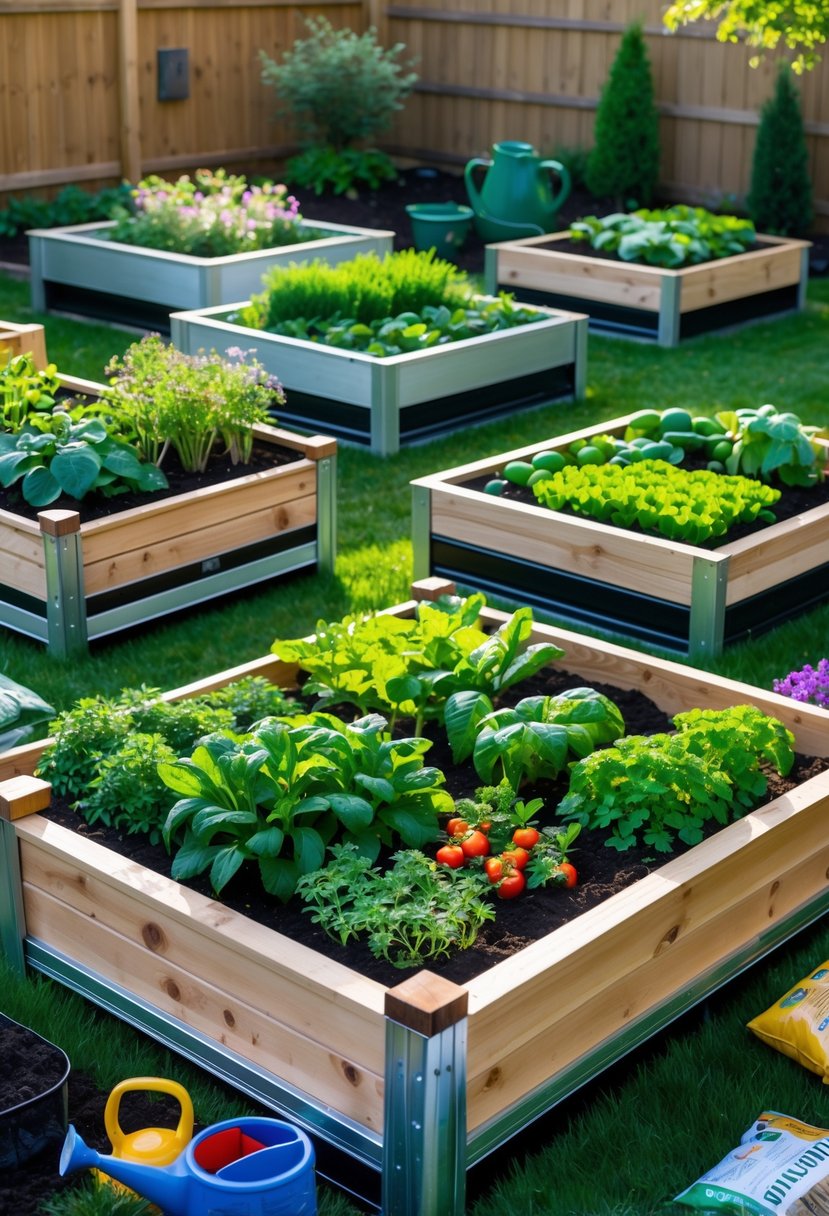 Above ground garden beds with built-in composters filled with plants in a sunny backyard garden.