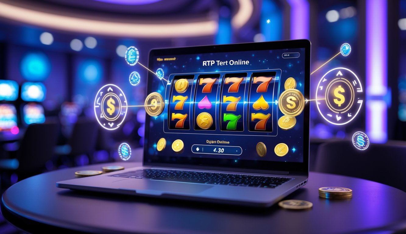 Seorang pemain menggunakan komputer dengan layar menampilkan permainan slot online berwarna-warni di ruangan kasino modern dengan pencahayaan biru dan ungu.