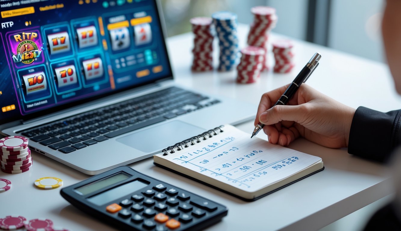 Meja kerja dengan laptop yang menampilkan permainan slot online, kalkulator, dan catatan dengan perhitungan RTP, serta tangan seseorang yang sedang menghitung.