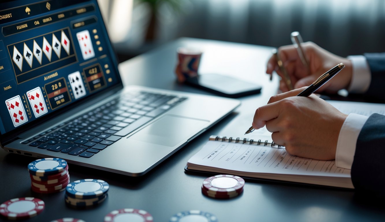 Seseorang sedang menggunakan laptop dengan permainan baccarat online, sambil mencatat strategi di buku catatan di atas meja dengan chip poker dan kartu bermain.