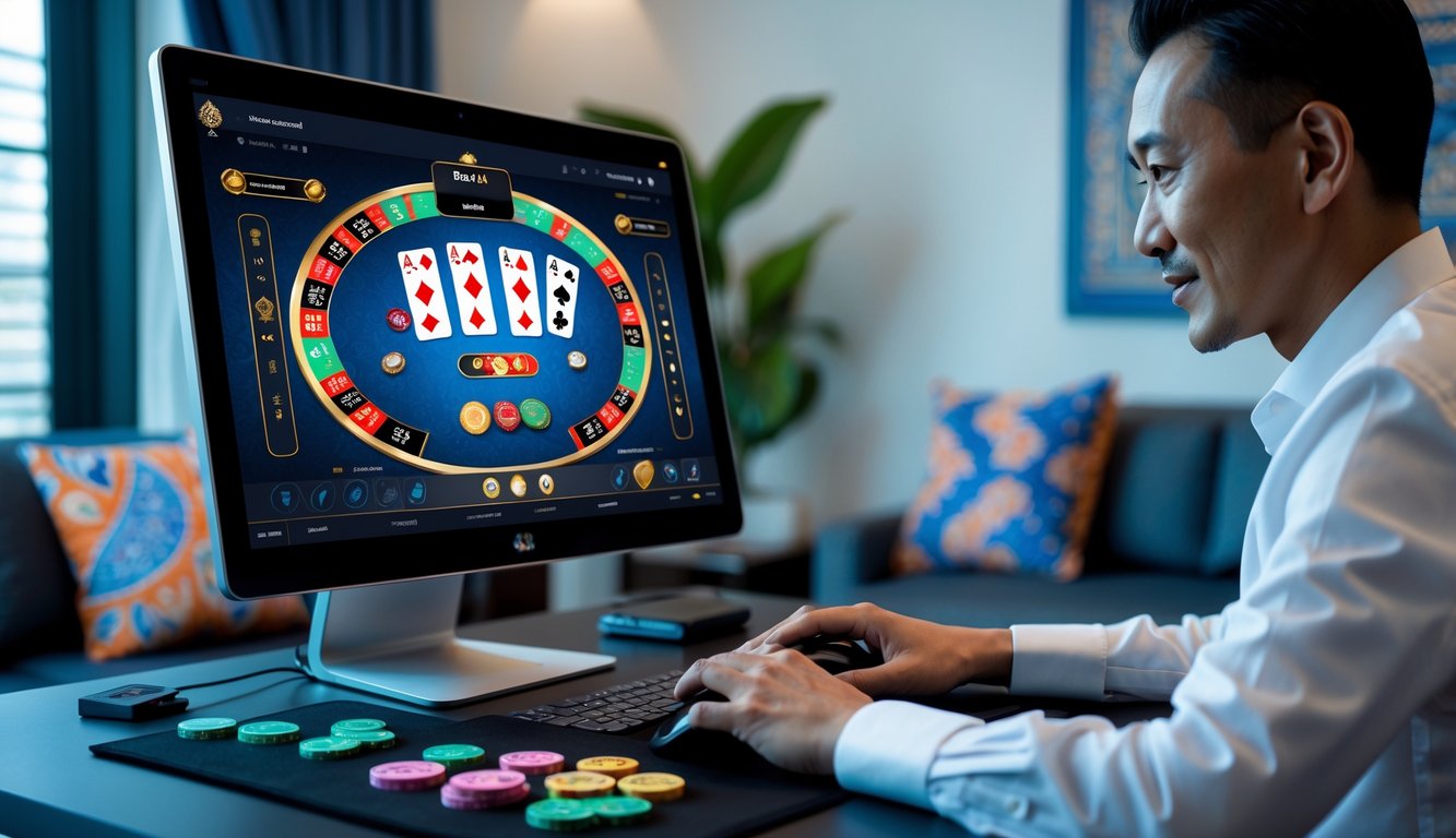 Seorang pemain dewasa sedang bermain permainan baccarat online di komputer di ruangan yang rapi dengan elemen budaya Indonesia.