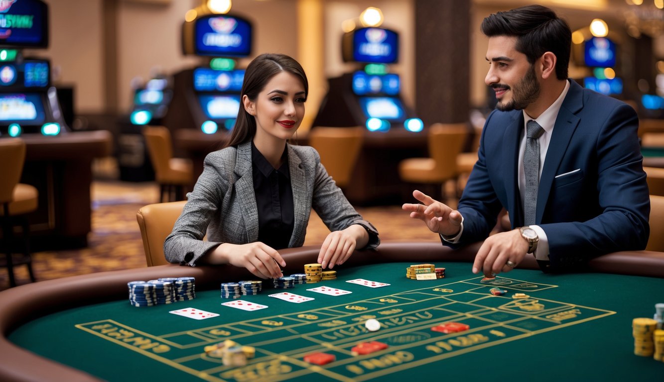 Seorang pemula sedang belajar bermain baccarat di meja kasino dengan dealer yang menjelaskan aturan permainan.