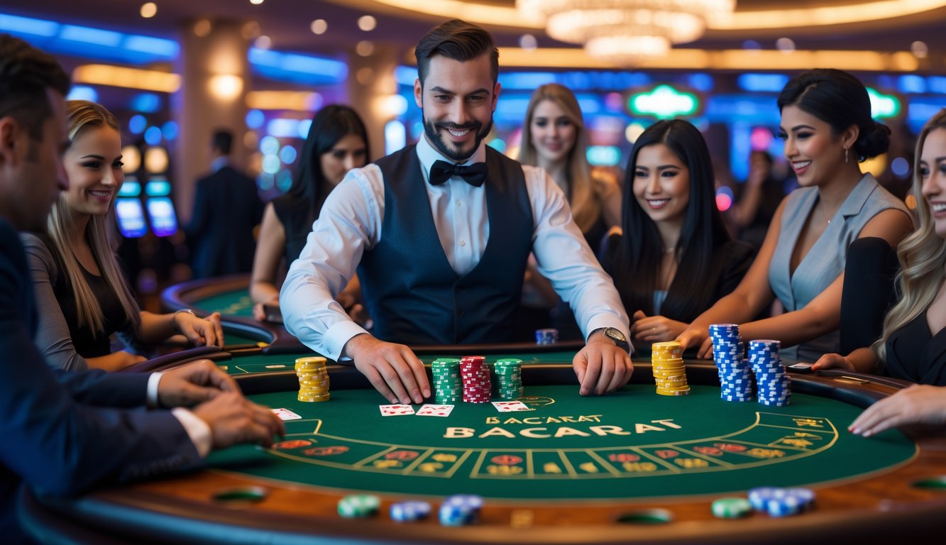 Suasana meja baccarat di kasino langsung dengan pemain dan dealer yang sedang bermain.