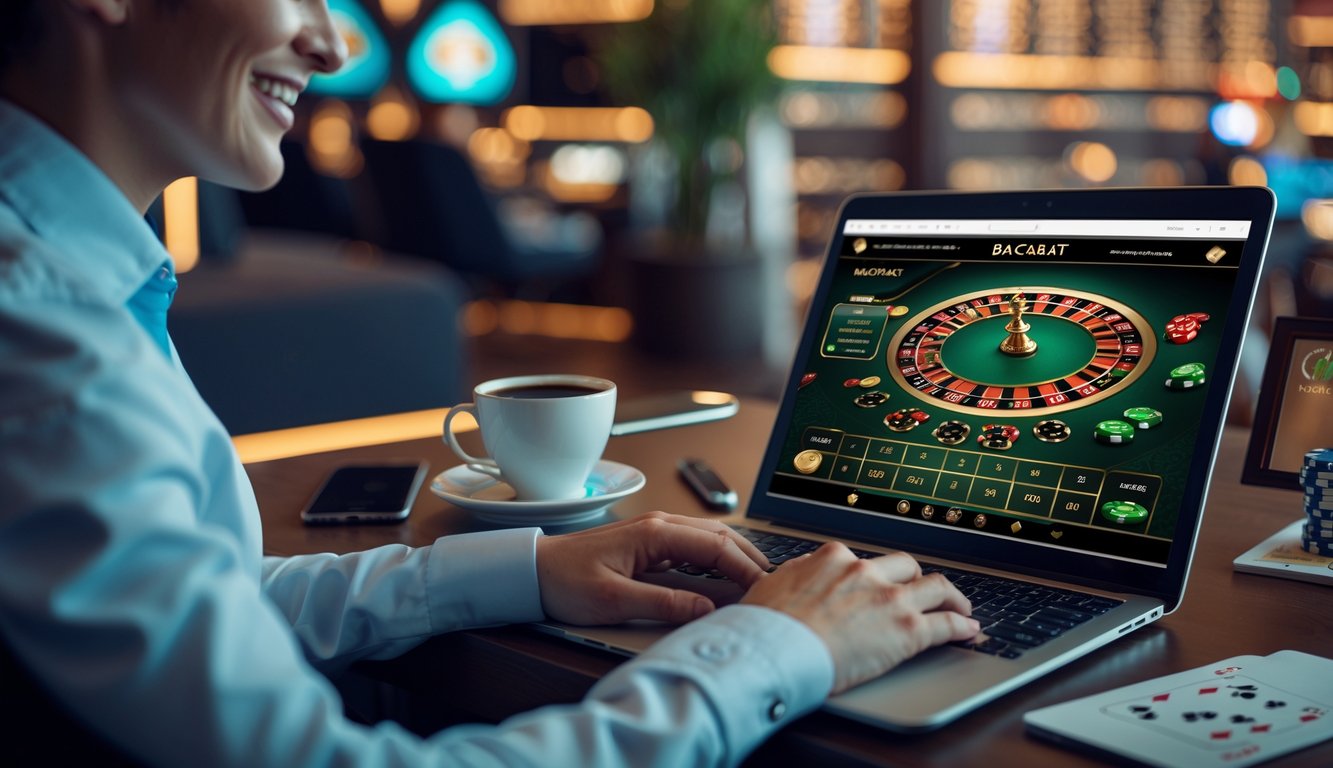 Seseorang sedang bermain permainan baccarat di laptop di rumah dengan suasana nyaman dan peralatan digital di sekitarnya.