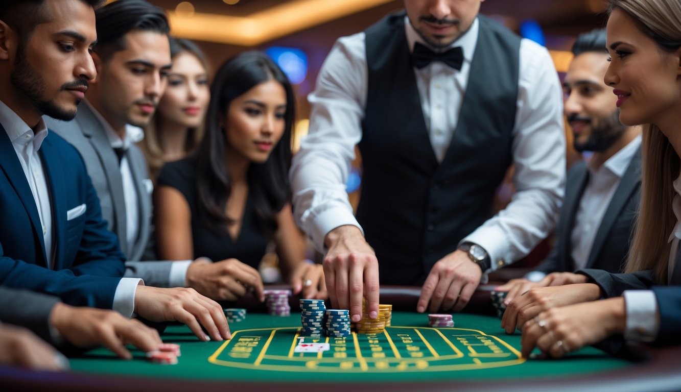 Seorang dealer membagikan kartu baccarat kepada pemain baru yang antusias di meja kasino.