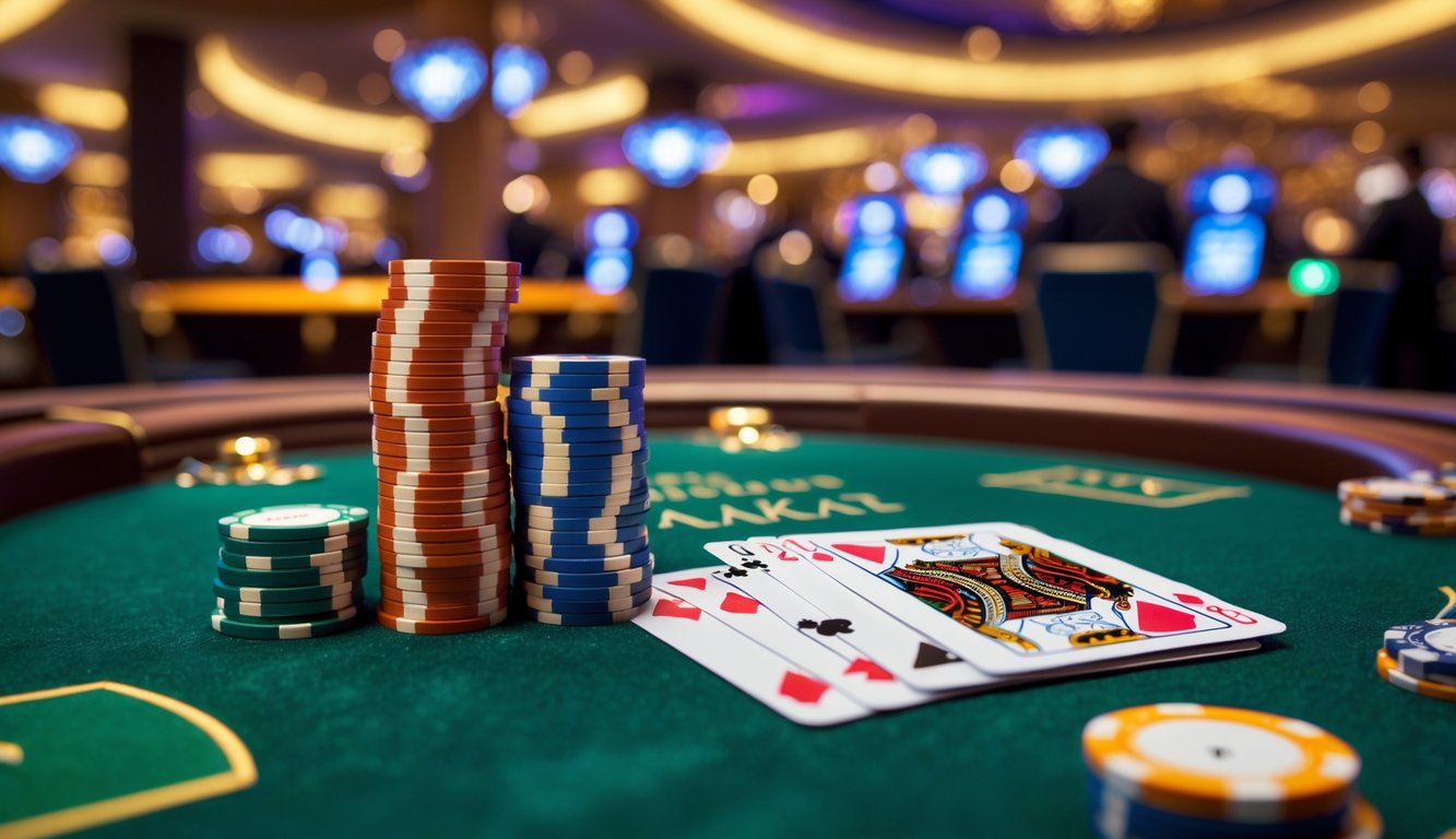 Tumpukan chip kasino kecil di meja baccarat dengan kartu yang menunjukkan kemenangan di latar belakang kasino.