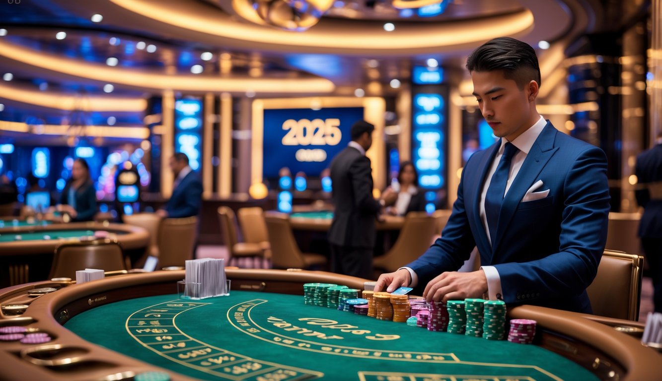 Meja baccarat mewah dengan dealer dan pemain di kasino modern yang elegan.