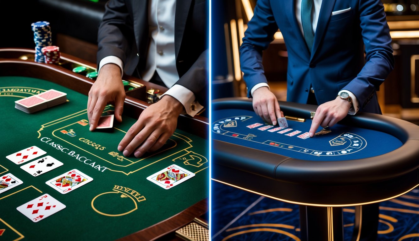 Dua meja baccarat berdampingan, satu dengan gaya klasik dan satu dengan gaya modern di sebuah kasino mewah.