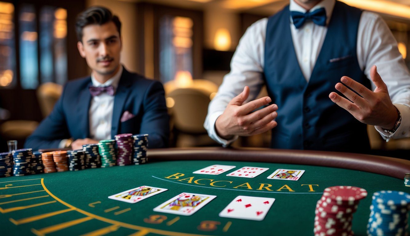 Seorang pemain muda sedang belajar bermain baccarat dengan dealer di meja kasino yang rapi dan terang.