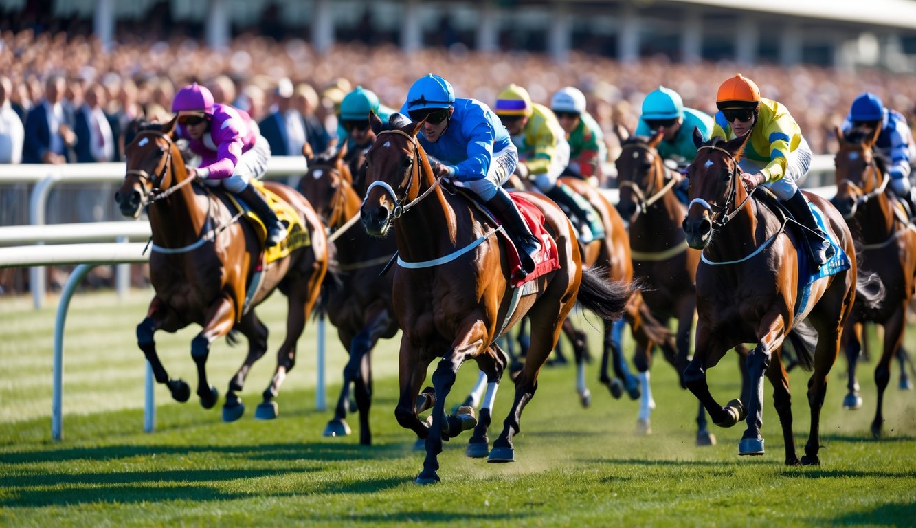 Beberapa kuda pacuan dengan joki sedang berlari kencang di lintasan pacu dengan penonton di latar belakang.