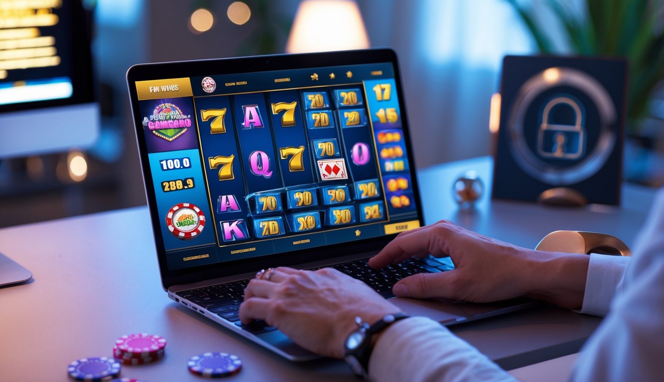 Seseorang menggunakan laptop di ruang santai dengan tampilan permainan judi online di layar.