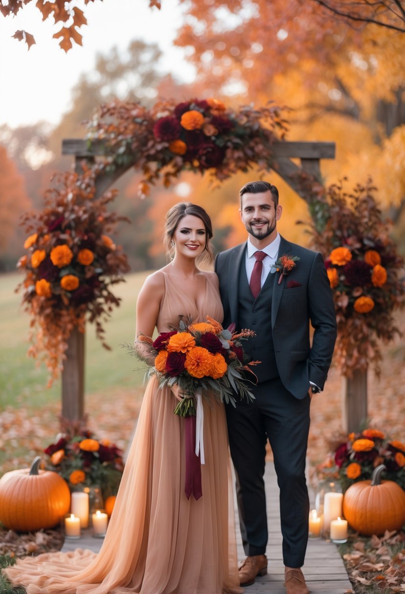 A bride and groom standing outdoors surrounded by autumn leaves and flowers in burnt orange and deep burgundy colors.