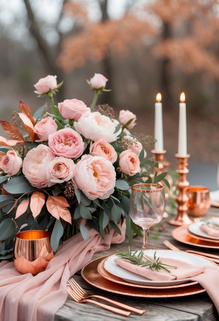 A wedding scene with a bouquet of blush pink flowers and copper accents on a wooden table set with candles and napkins, surrounded by autumn foliage.