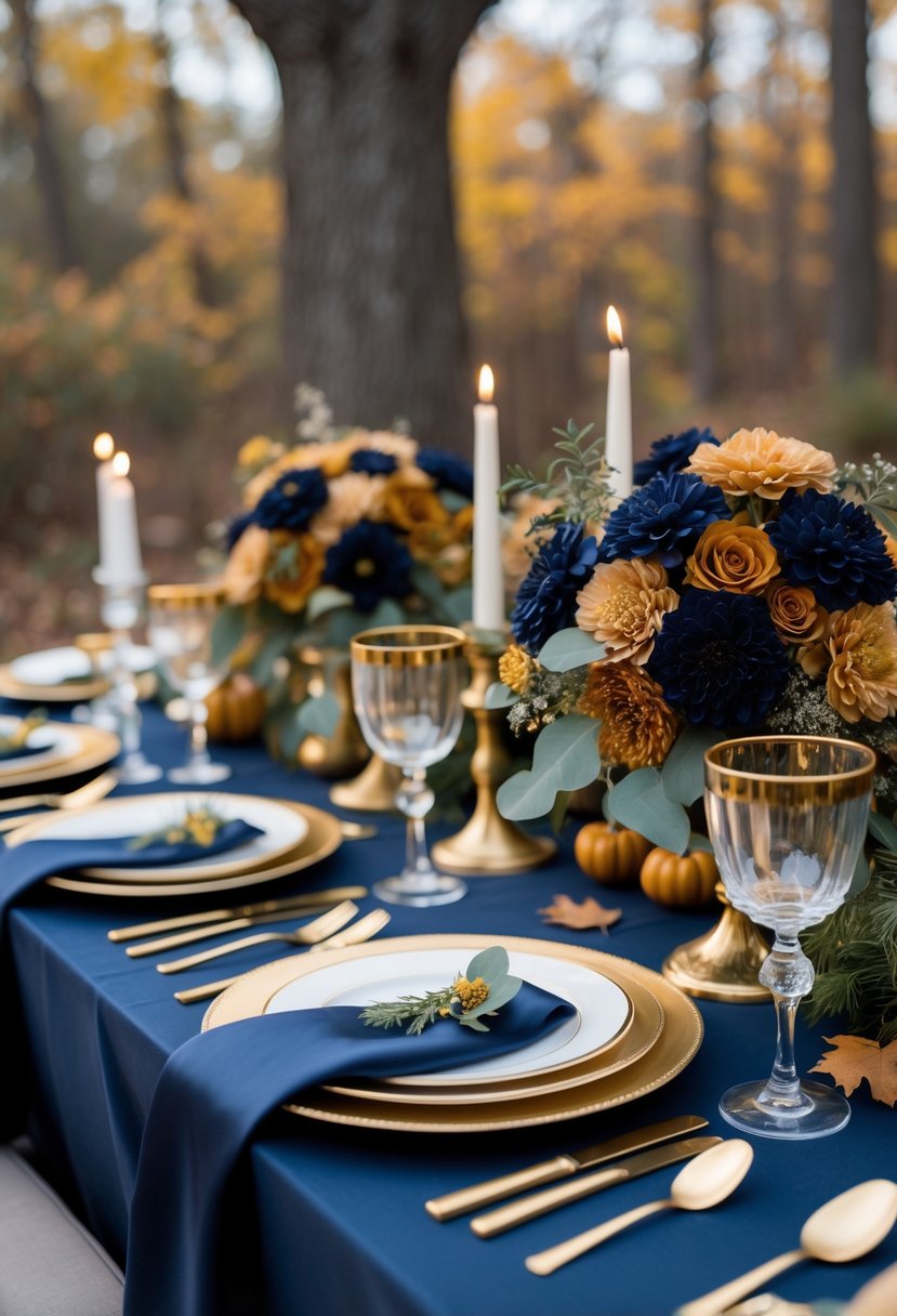 An outdoor wedding table decorated with navy blue linens, gold accents, floral arrangements, and autumn leaves in the background.
