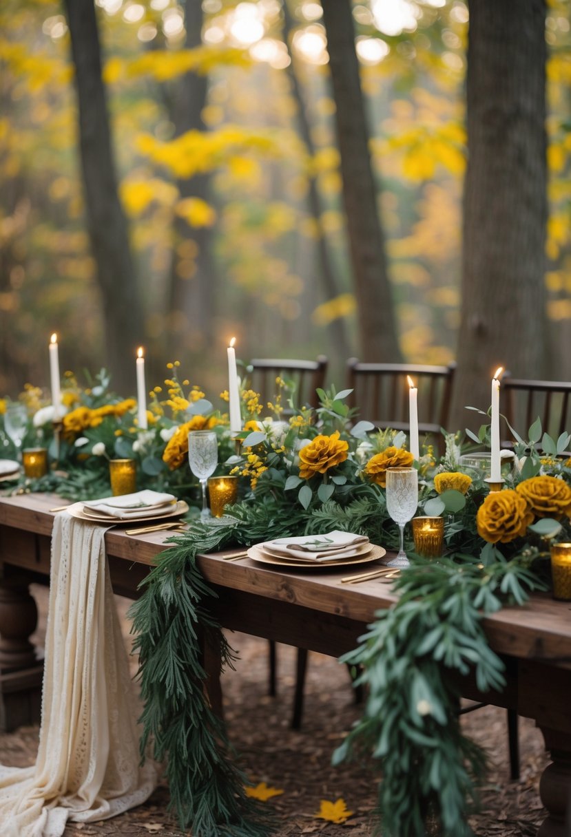 An outdoor wedding setup with green foliage and yellow flowers on a wooden table surrounded by trees in early fall.