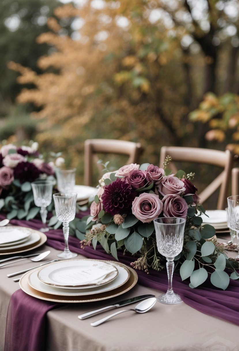An outdoor wedding table decorated with plum and dusty rose flowers and autumn foliage.