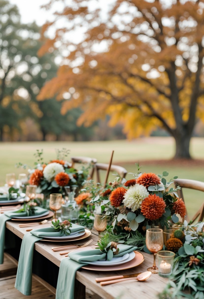 An outdoor wedding table decorated with rust-colored flowers and sage green foliage, set against autumn trees with warm-colored leaves.