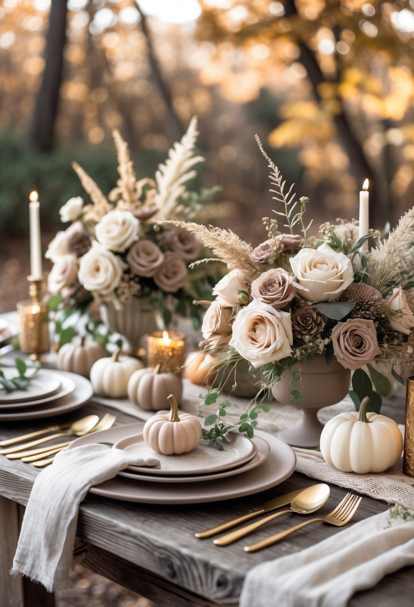 An outdoor wedding table set with ivory and taupe flowers, beige plates, gold utensils, and autumn decorations under warm natural light.