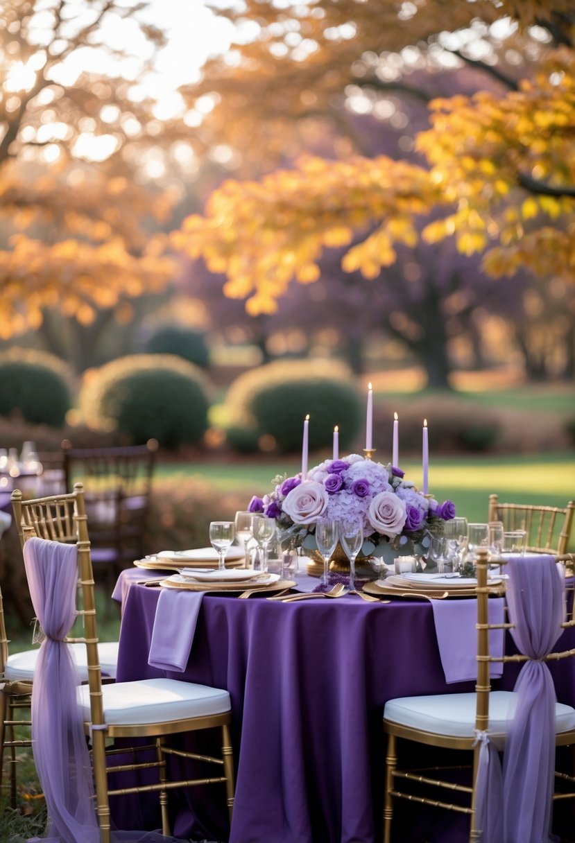 An outdoor wedding table decorated with deep purple linens and soft lavender flowers surrounded by autumn trees with golden leaves.