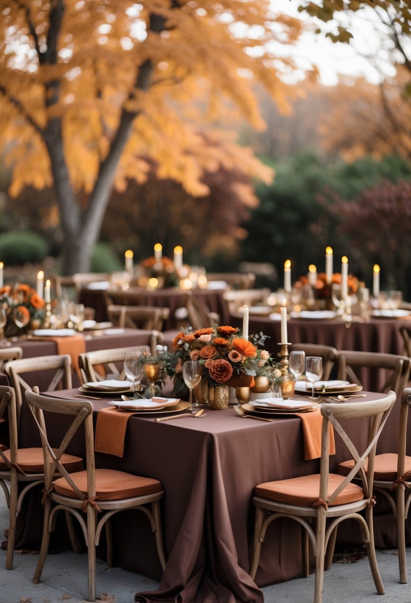 An outdoor wedding table set with brown and burnt orange decorations surrounded by autumn leaves.