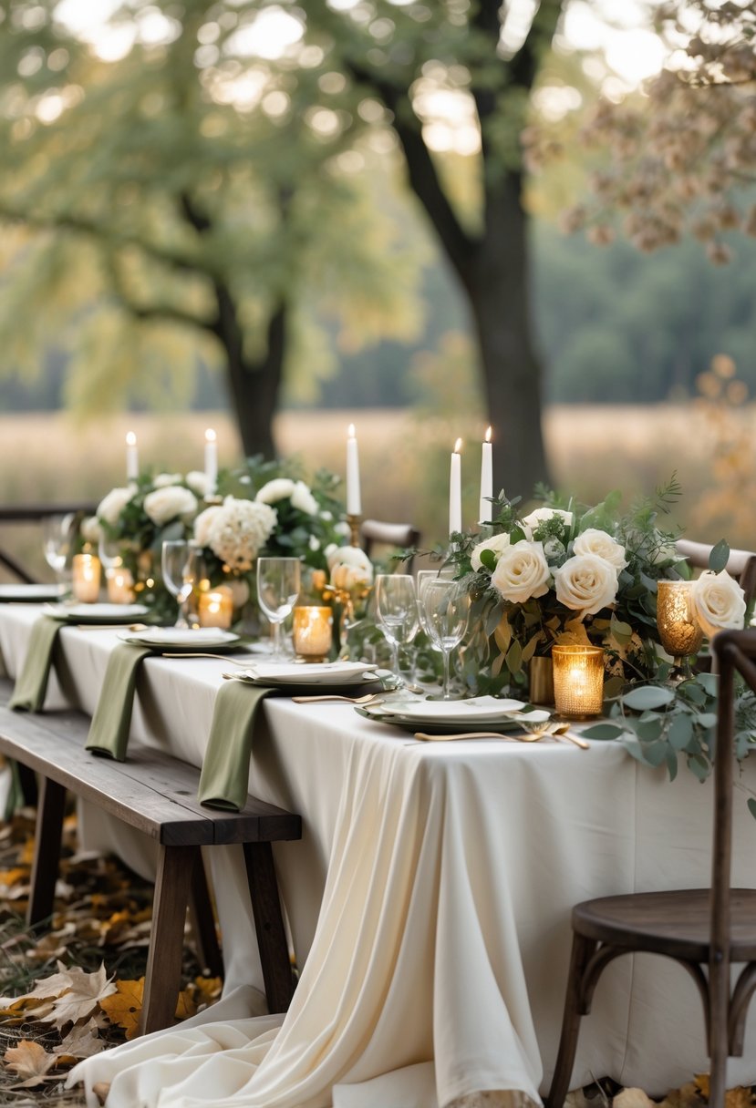 An outdoor wedding table decorated with olive green foliage and cream flowers, set among early fall trees with soft lighting.