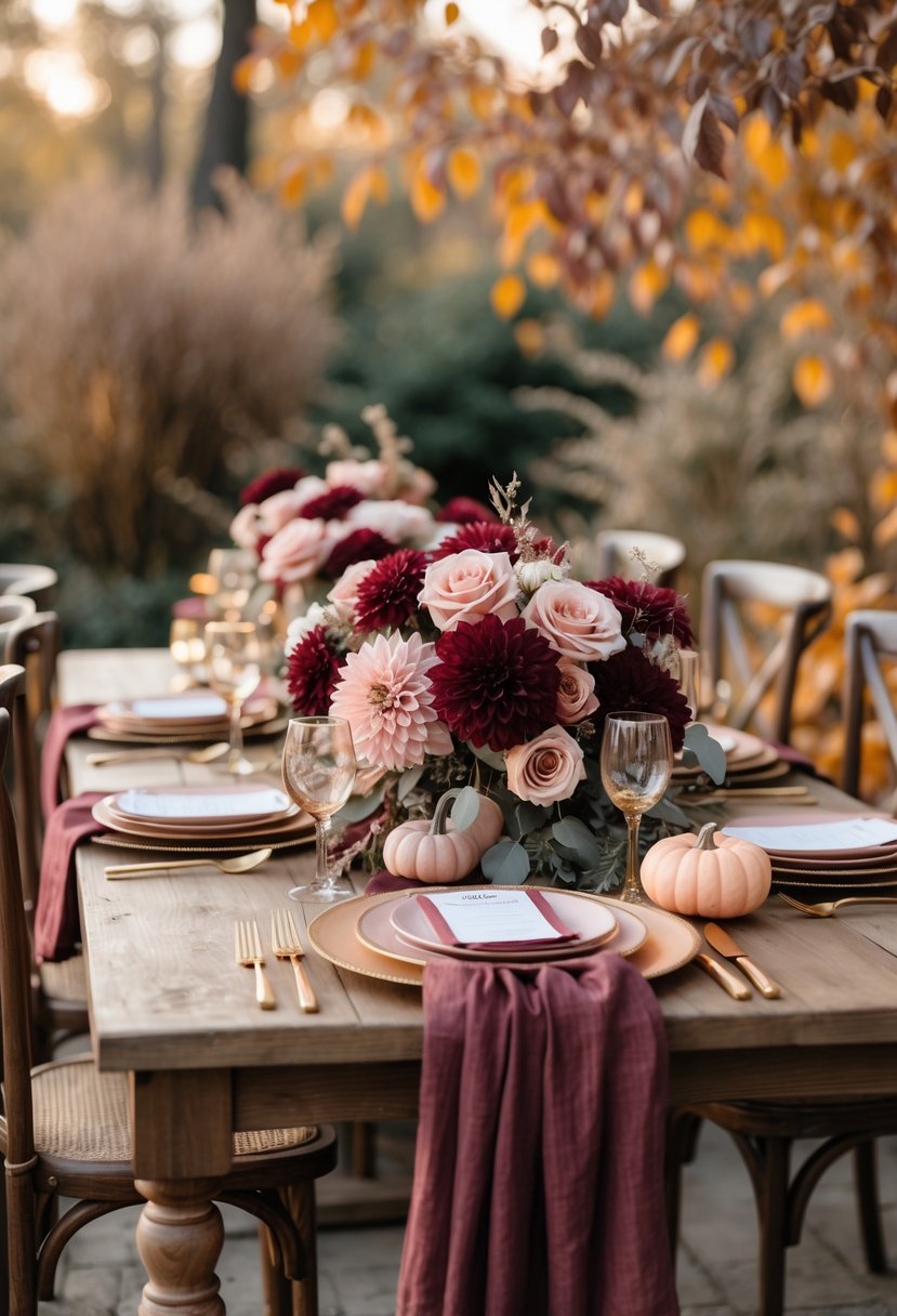 An outdoor wedding table decorated with burgundy and blush flowers, autumn leaves, and elegant table settings in a fall foliage background.