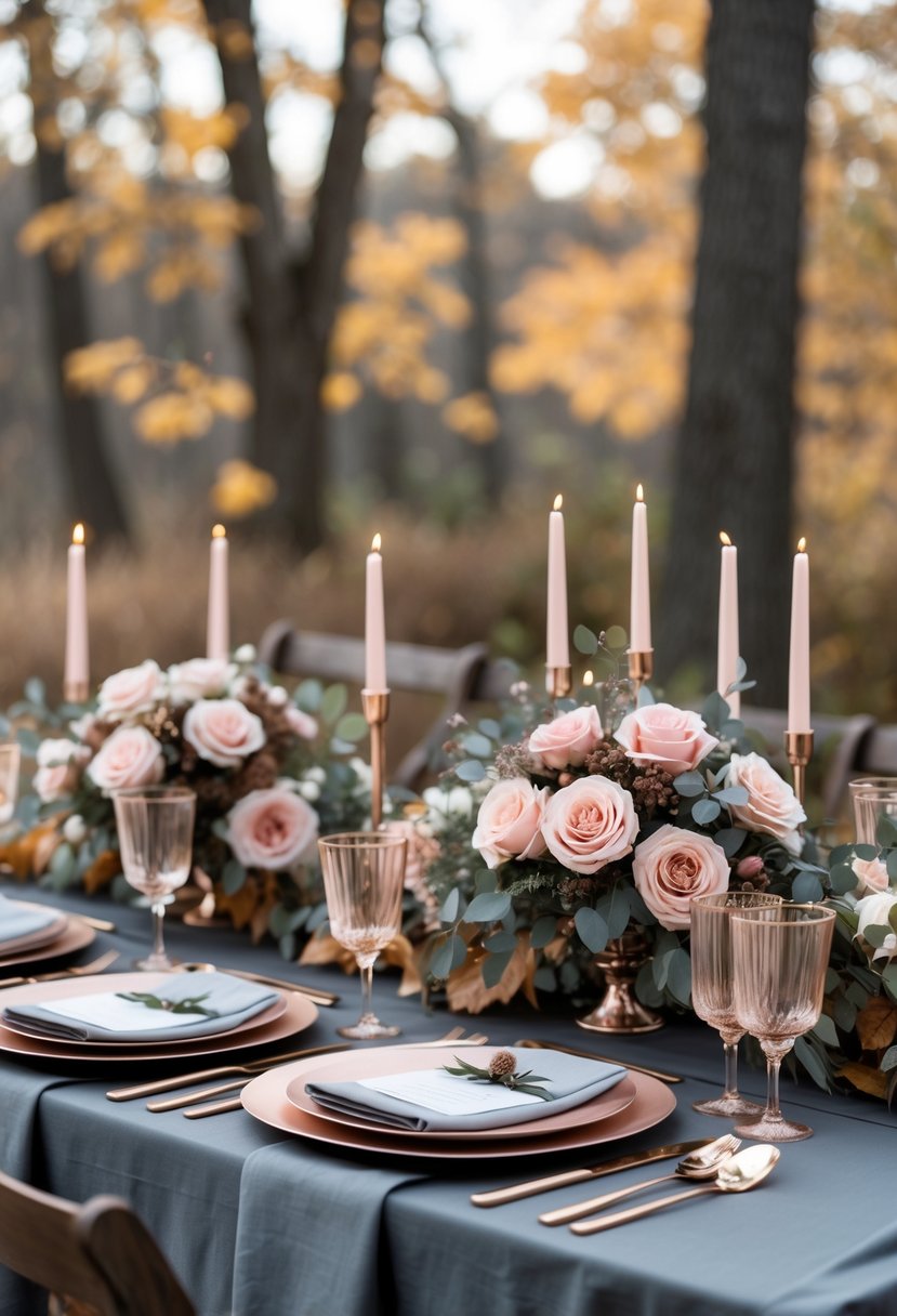 An outdoor wedding table set with charcoal gray linens, rose gold accents, and floral centerpieces surrounded by autumn trees.