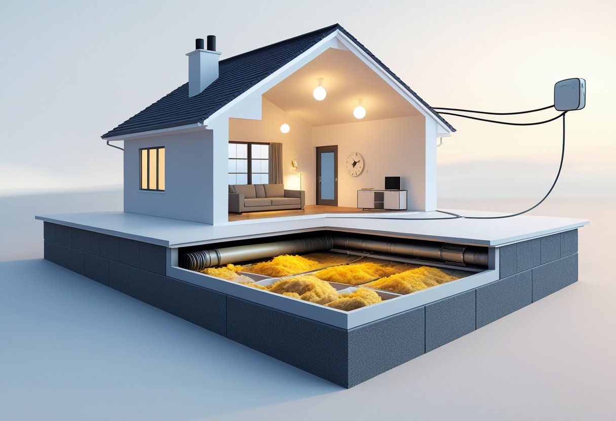 Cross-sectional view of a house showing the crawl space beneath the floor connected to energy usage elements inside the home.