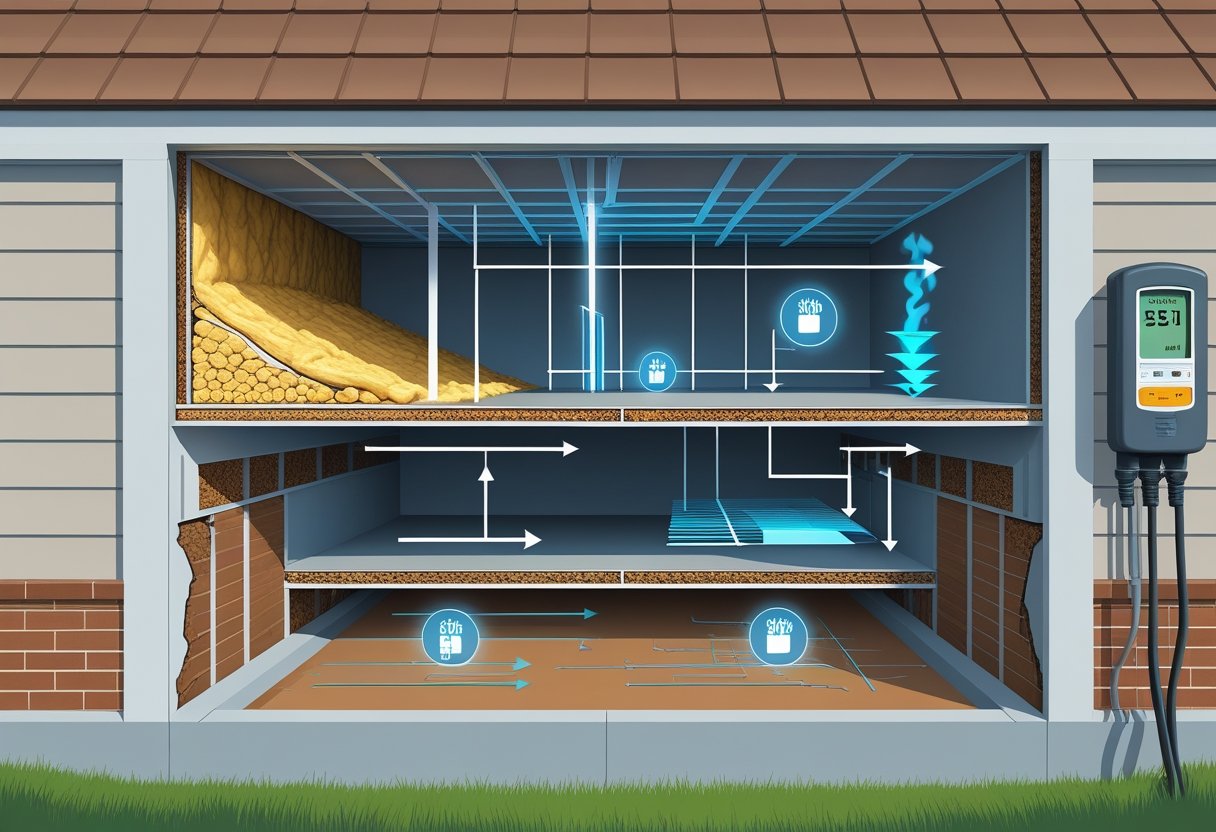 Cross-sectional view of a house showing the crawl space beneath the floor with insulation and airflow, connected to an energy meter indicating energy usage.