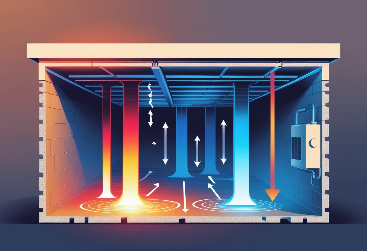 Cross-sectional view of a house showing the crawl space beneath the floor with arrows indicating heat flow and temperature differences, illustrating how the crawl space affects energy efficiency.