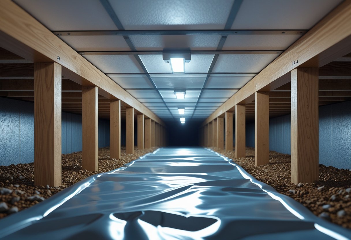 Cross-sectional view of a house crawl space with a plastic moisture barrier covering the ground beneath wooden beams and concrete foundation walls.