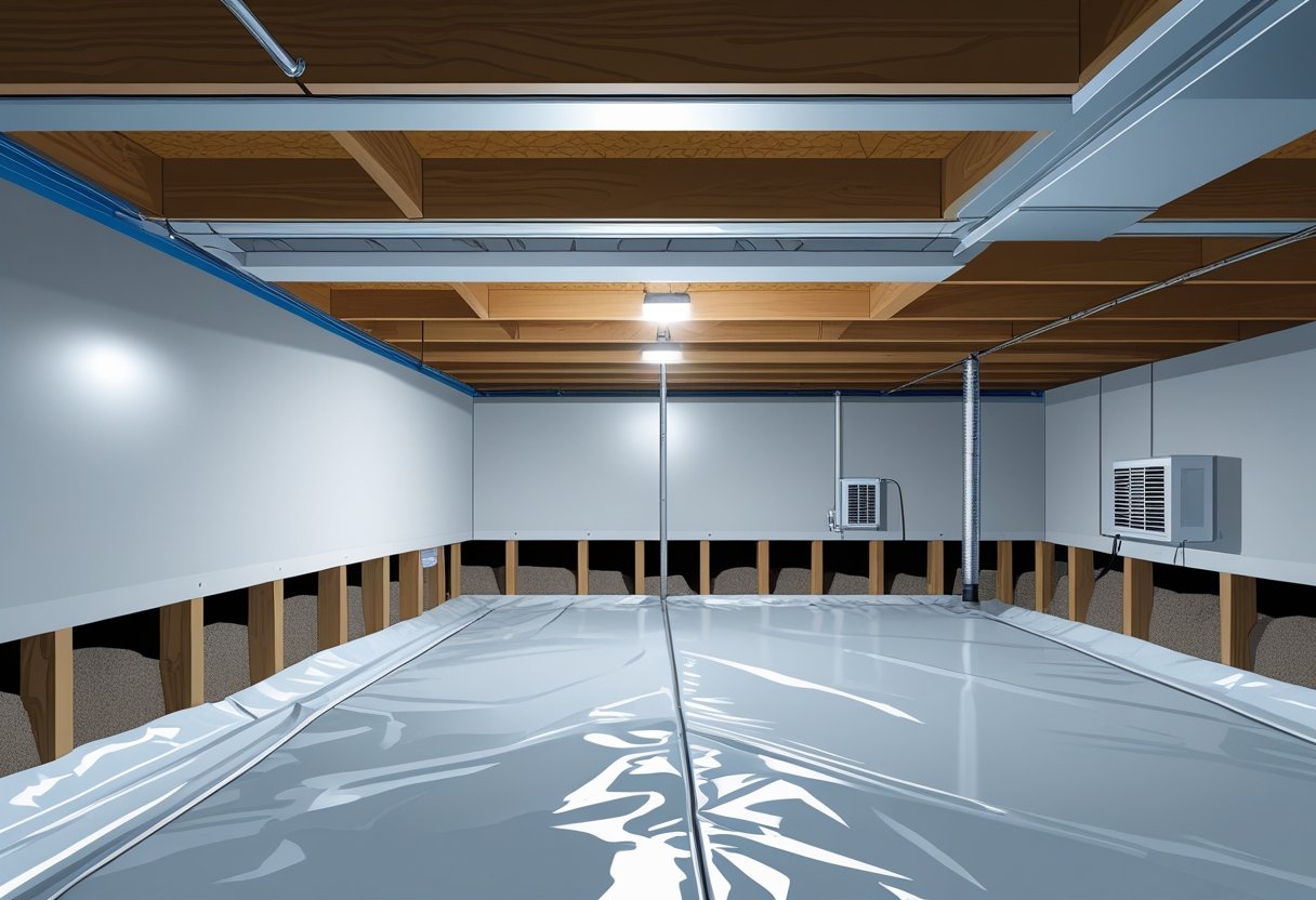 Cross-sectional view of a house crawl space with a plastic moisture barrier covering the ground and foundation walls, showing a dry and protected area beneath the floor.
