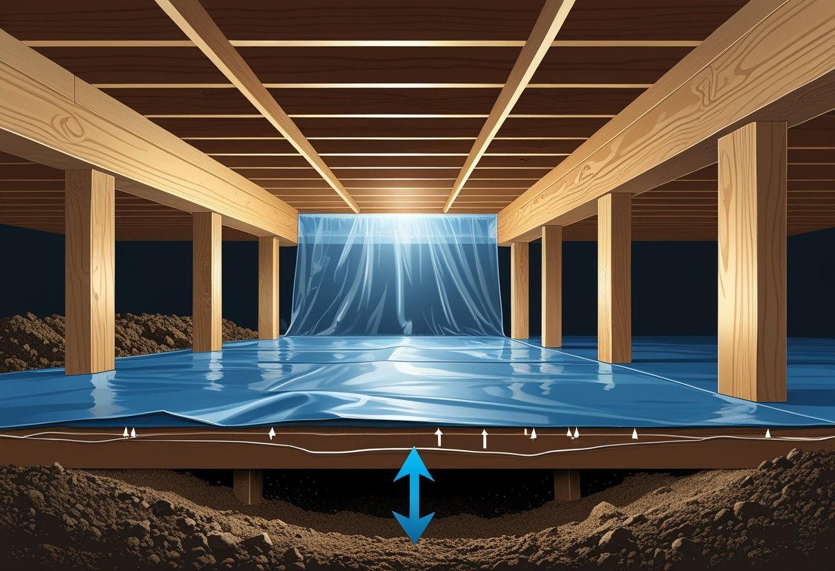Cutaway view of a house showing the crawl space with a moisture barrier covering the ground beneath the floor to prevent moisture from entering.
