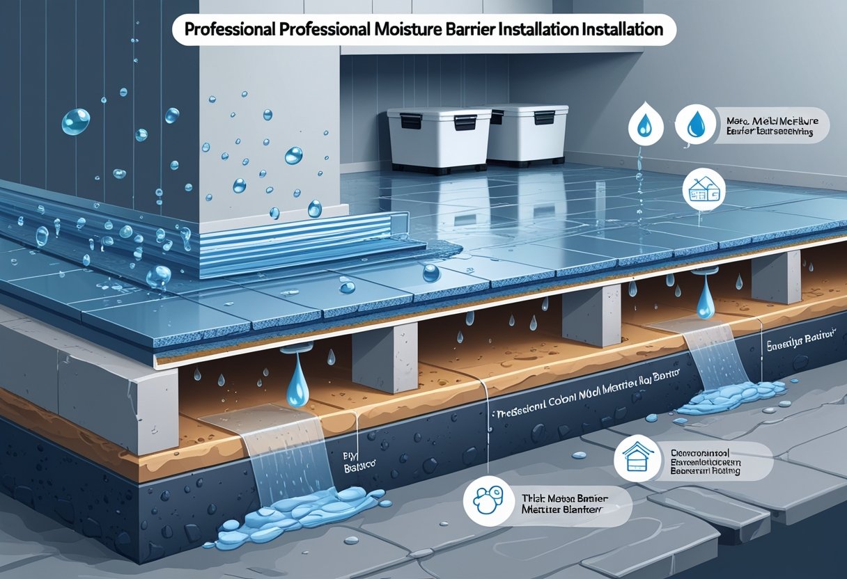 Cross-sectional view of a house foundation with a moisture barrier preventing water from entering a dry basement space.