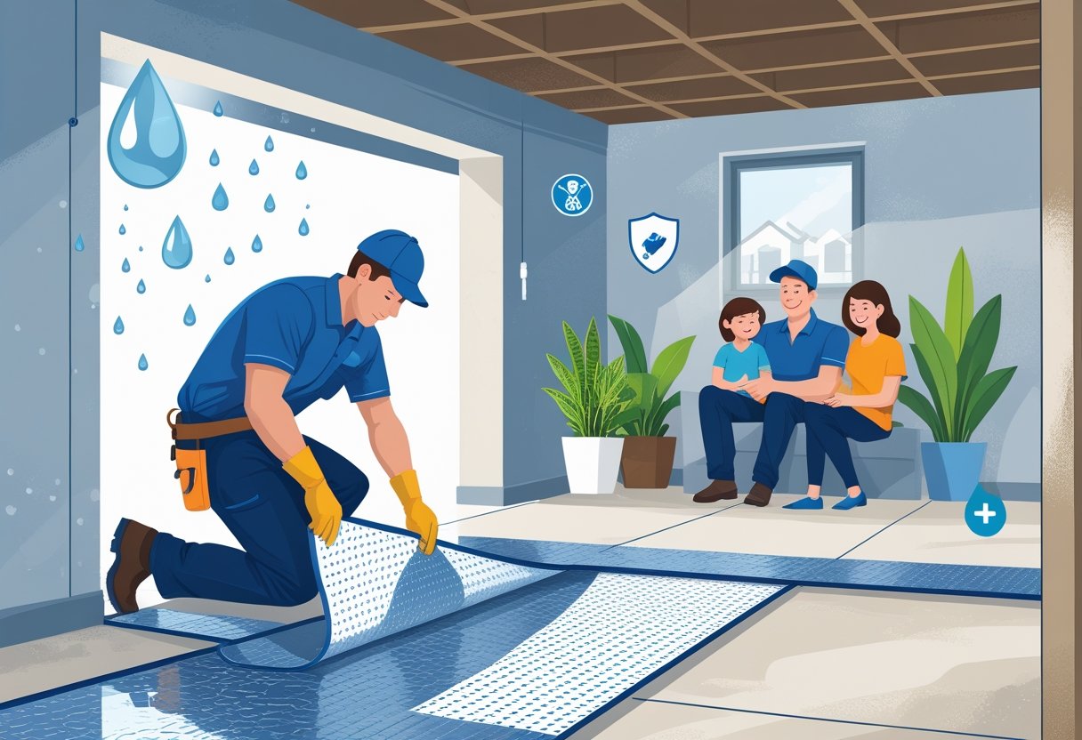 A worker installing a moisture barrier in a dry basement with symbols representing waterproofing, protection, and a healthy home environment.