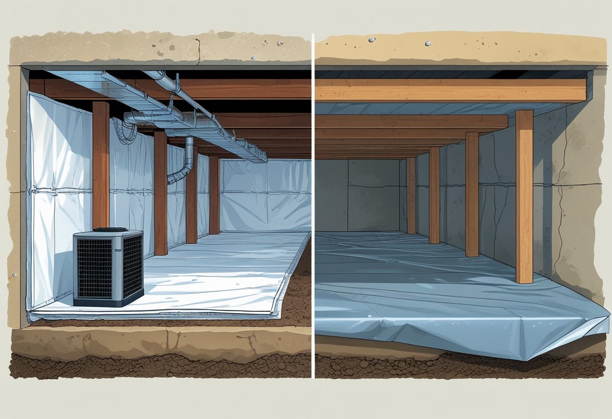 Cross-section illustration of two crawl spaces under a house, one fully encapsulated with sealed walls and floor and a dehumidifier, the other with only a plastic moisture barrier on the ground and some visible dampness.