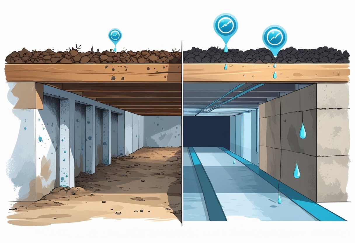 Cross-sectional view of a house crawl space showing moisture problems on one side and two solutions on the other: full encapsulation and a simple moisture barrier.