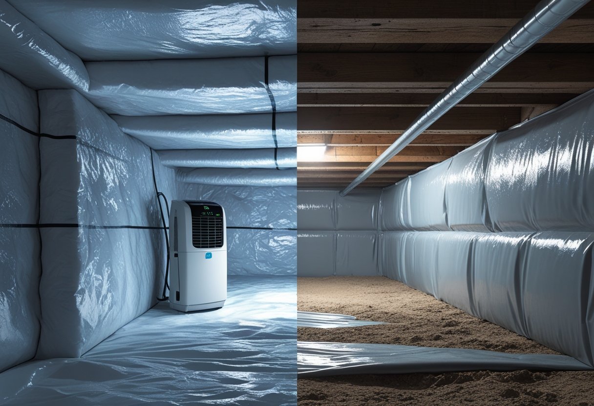 Side-by-side view of a crawl space showing a fully encapsulated area with sealed plastic sheeting and a dehumidifier on one side, and a simpler moisture barrier plastic sheet laid on the ground on the other side.
