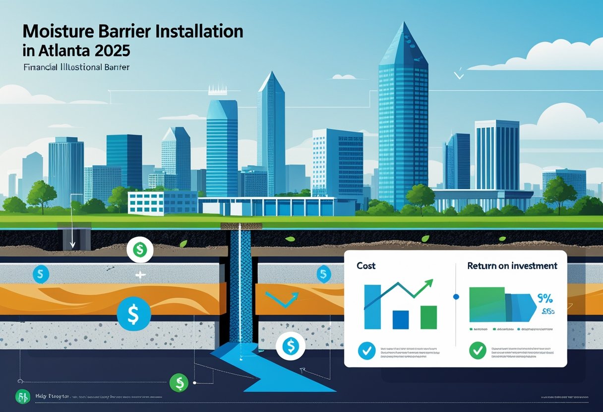 A cross-section of a building foundation showing a moisture barrier layer with the Atlanta city skyline in the background and graphical icons representing cost and return on investment.