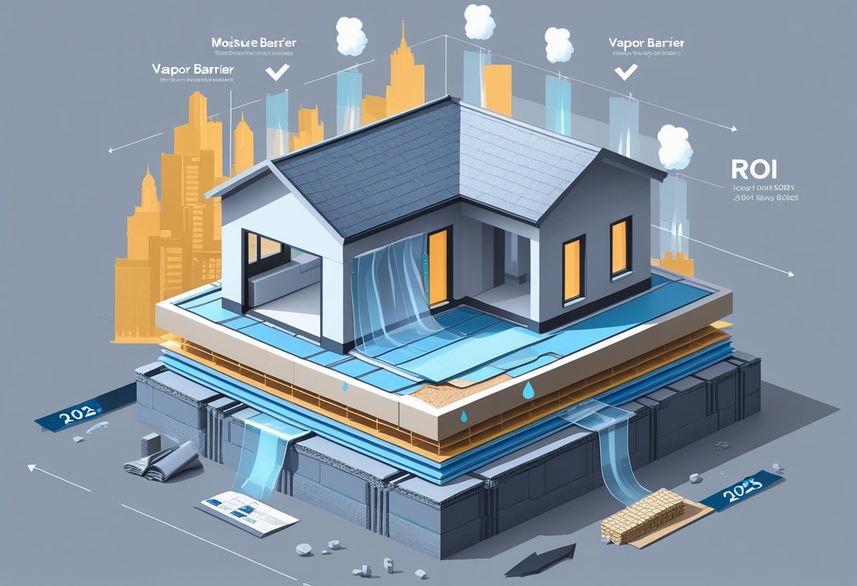 Cross-sectional view of a house foundation and walls showing layers of moisture and vapor barriers with arrows indicating moisture flow prevention, alongside icons representing cost and return on investment with a faint Atlanta city skyline in the background.