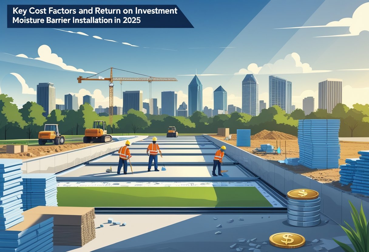 Construction workers installing a moisture barrier on a building foundation at a site with the Atlanta skyline in the background.