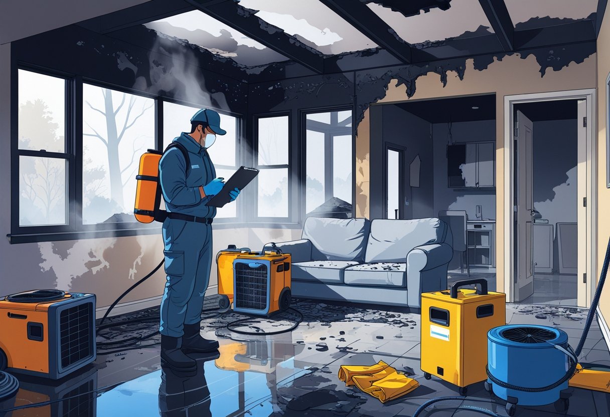 A restoration specialist inspects a fire-damaged room with soot-covered furniture and equipment for cleaning and repair.