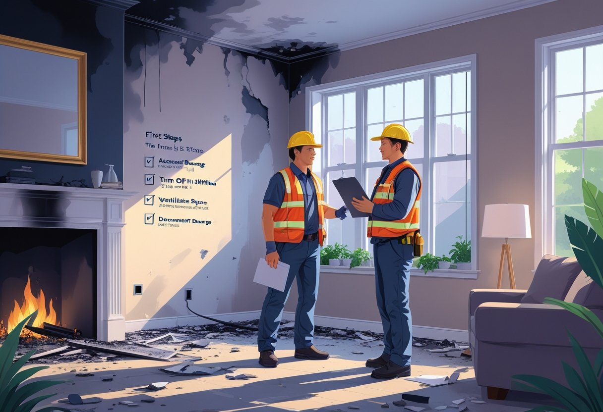 A homeowner and a fire restoration specialist inspecting a fire-damaged living room with charred walls and debris, discussing the first steps to restore the space.