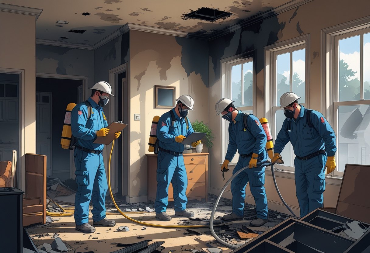 A team of professionals wearing protective gear assessing and cleaning a fire-damaged home interior with visible soot and debris.