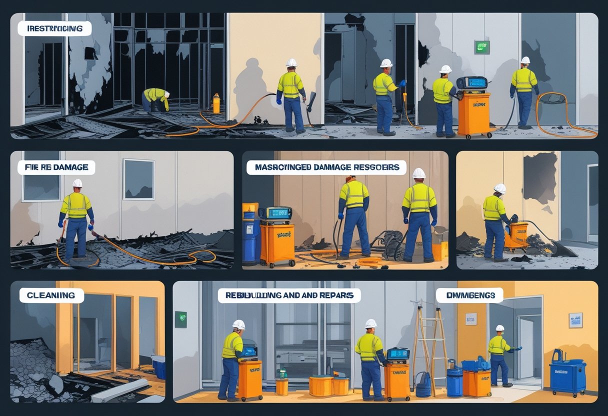Illustration showing the stages of fire damage restoration, including damaged building, professionals inspecting, debris removal, cleaning with equipment, and rebuilding interior.
