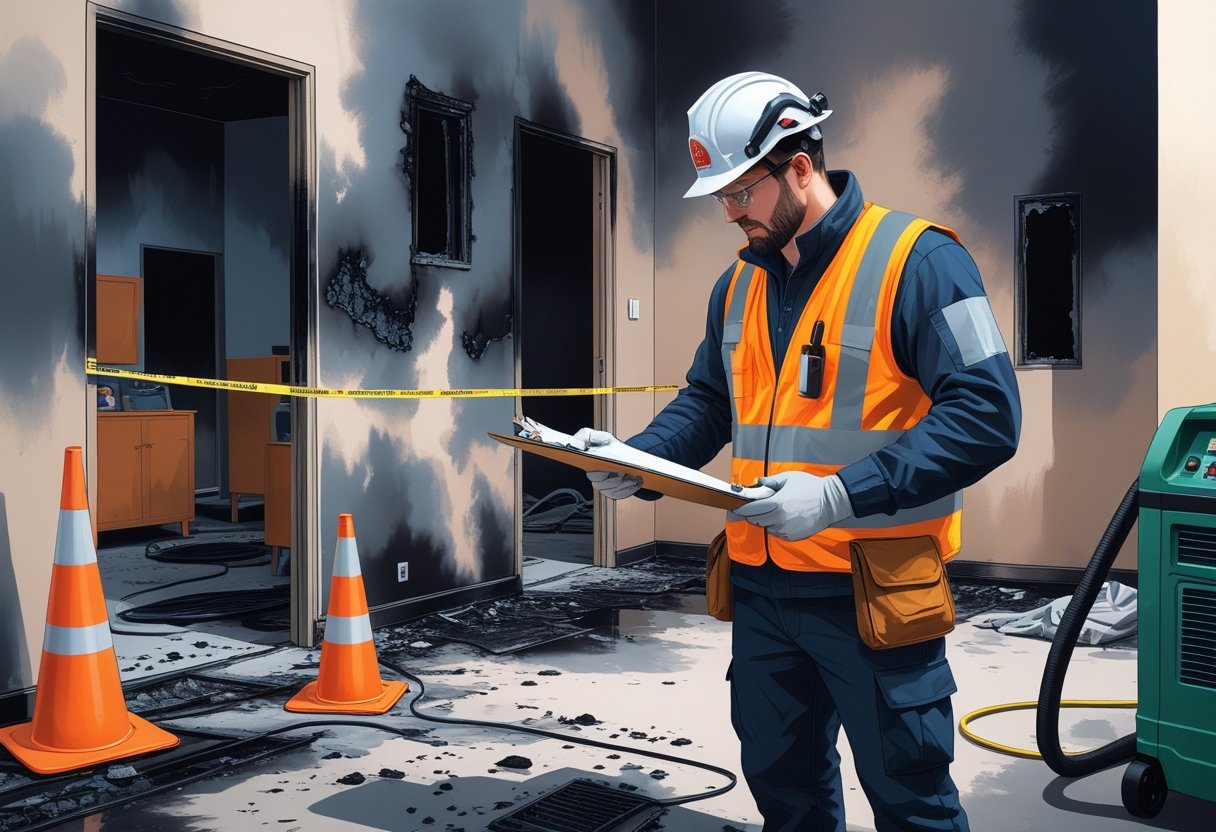 A fire damage restoration expert wearing safety gear inspects a partially burned building interior with charred walls and damaged furniture, using a clipboard and flashlight, with safety cones and restoration equipment visible.