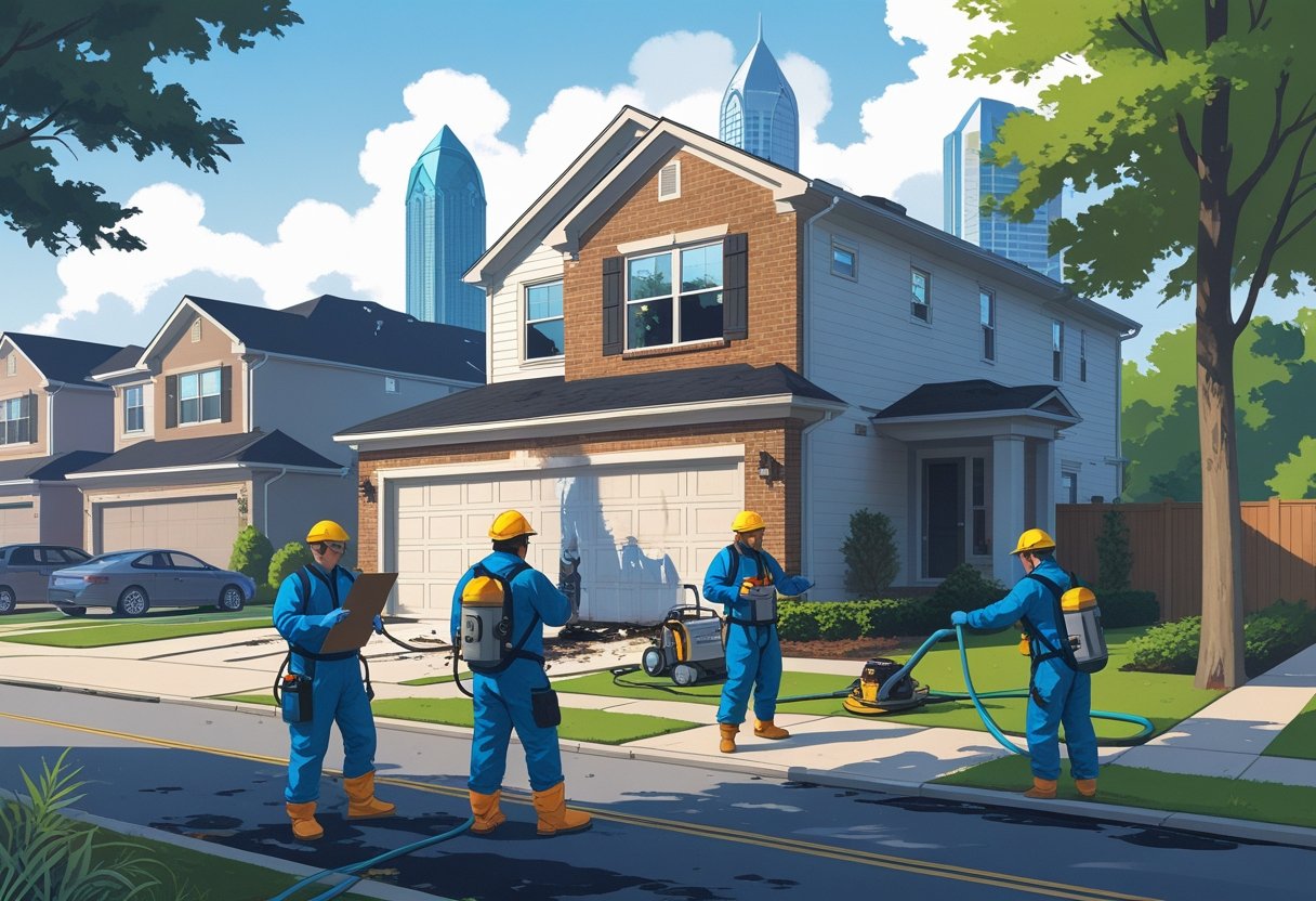 A restoration team working on a fire-damaged house in a neighborhood with the Atlanta city skyline in the background.